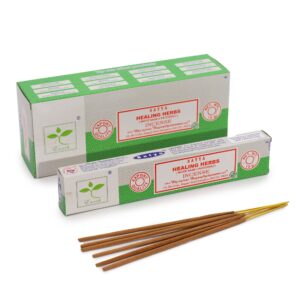 15gm pack of Satya Incense featuring white sage and patchouli scents.