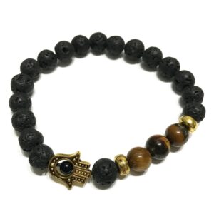 Lava stone bracelet featuring Hamsa and tiger-eye gemstones for stylish wear.