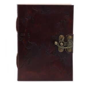 Leather world map notebook with unique stitching and metal clasps.