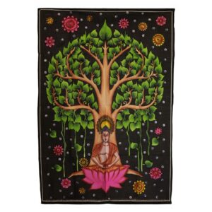 Vibrant wall art featuring Buddha under the Bodhi tree in rich colours.