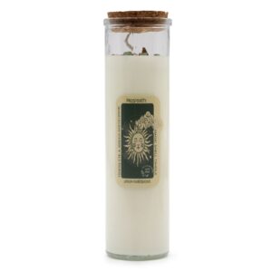 Soy wax candle with embedded tiger eye and green aventurine stones.