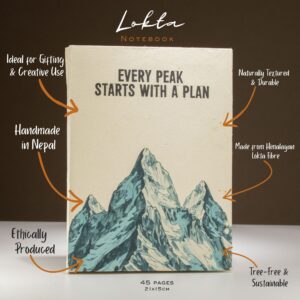 Large Lokta Inspiration Notebook with mountain design and motivational quote.