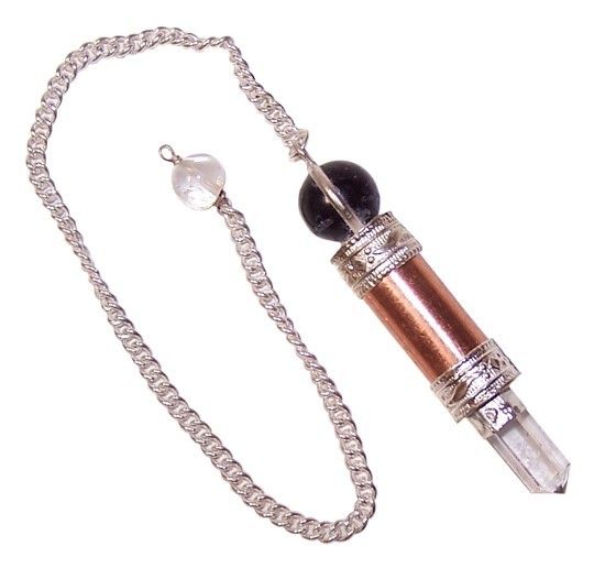 Copper pendulum featuring amethyst and quartz with polished point and silver detailing.
