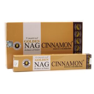 Golden Nag cinnamon incense sticks in a decorative packaging.