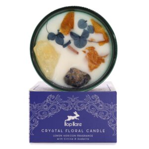 Hop Hare Crystal Magic Flower Candle featuring Citrine and Sodalite gemstones with dry flowers.