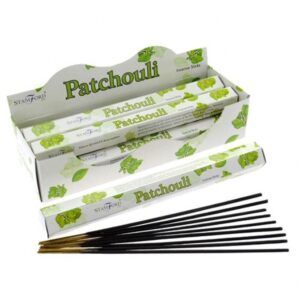 Pack of Patchouli incense sticks with hexagonal design for a calming atmosphere.