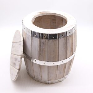 Whitewash Beer Barrel Stool with metal-style bands for rustic decor