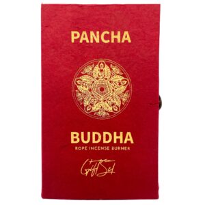 Rope incense and silver plated holder set featuring Pancha Buddha design.