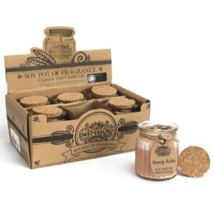 Brandy Butter soy candle pot in a reusable glass jar with cork lid and twine label.