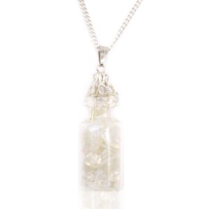 Necklace featuring a bottle filled with tiny opalite gemstones.