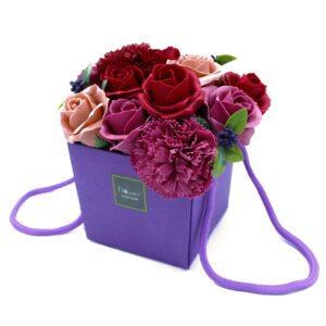 Purple flower bouquet made of luxury soap flowers for a relaxing bath experience.