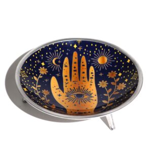 Enamelled offering plate featuring a Hamsa hand design in midnight blue.