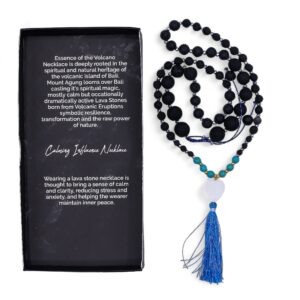 Lava stone necklace with tranquil blue tones, inspired by Bali's volcanic landscape.