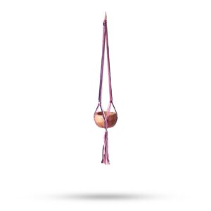Macrame pot holder in pastel tones, perfect for living room decor.