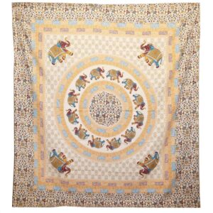 Elephant mandala wall hanging in brown and orange on a cream background.
