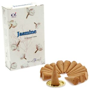Pack of Stamford Premium Jasmine Incense Cones with a metal holder for relaxation.