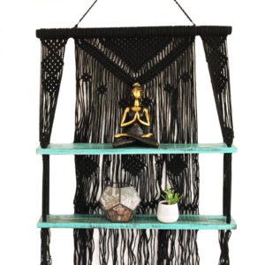 Handmade black macrame hanging shelves with turquoise accents for home decor