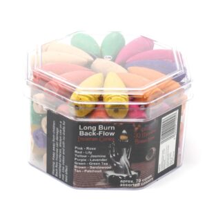 Assorted long backflow incense cones with exotic fragrances for a calming atmosphere.