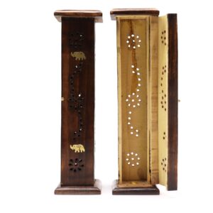 Square incense tower made from mango wood with brass inlay design.