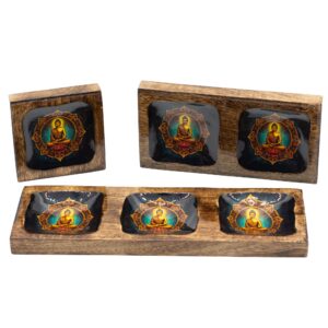 Large enamelled mango wood tray set featuring a serene Buddha design.