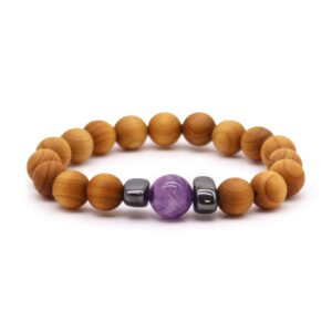 Cedarwood bangle with Amethyst gemstone for spiritual growth and clarity.