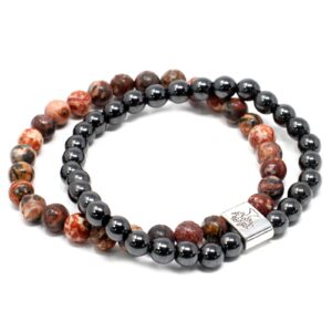 Leopard skin magnetic gemstone bracelet on a neutral background.