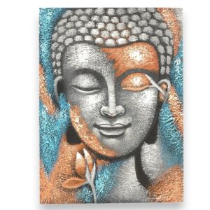 Buddha painting in silver and rose gold with floral details, 75x55cm.