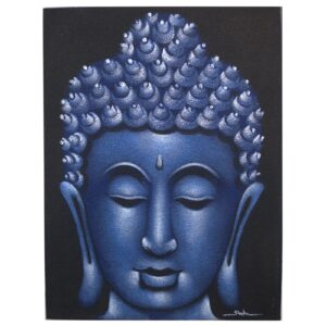 Handmade Buddha painting with blue sand finish, showcasing intricate details.