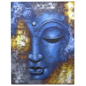 Abstract blue-faced Buddha painting with intricate details and a calming presence.