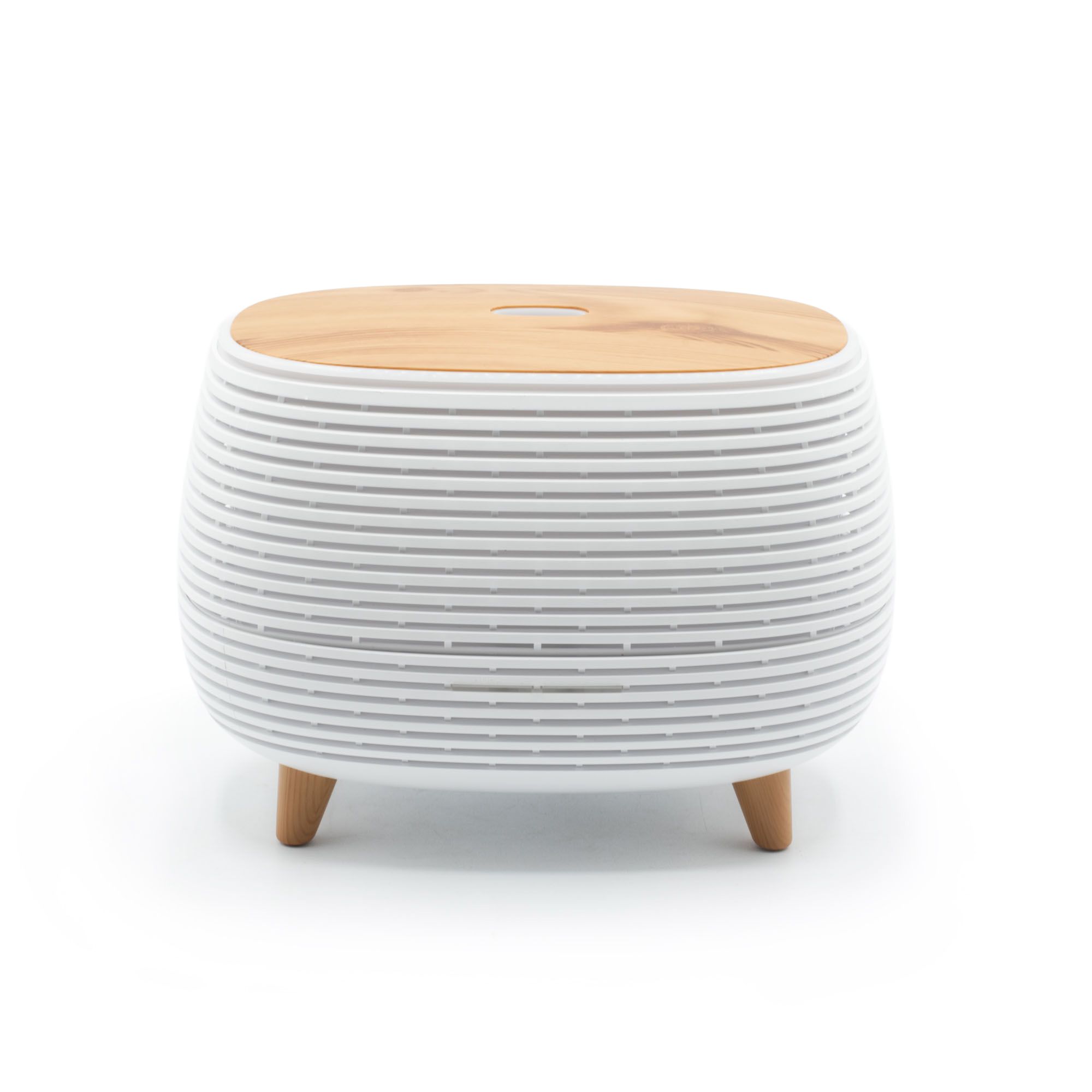 Modern ribbed aroma diffuser with wood-effect top and colour-changing light.
