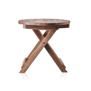 Hand-crafted round folding coffee table made from upcycled teak wood.