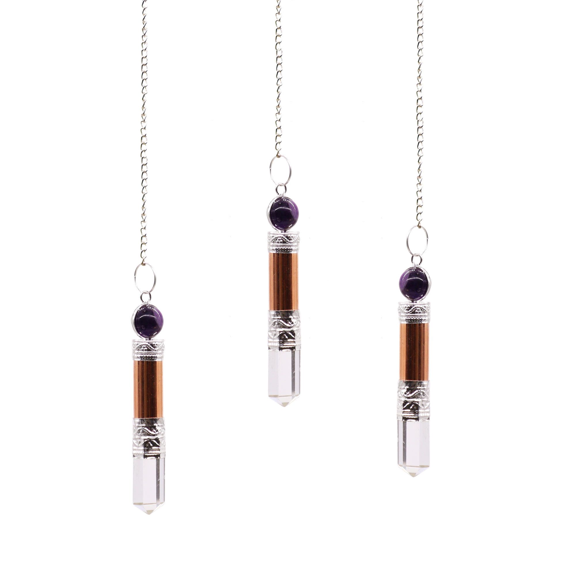 Copper pendulum featuring amethyst and quartz with polished point and silver detailing.
