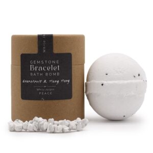 Handcrafted White Jasper Gem Bracelet Bath Bomb with Grapefruit and Ylang Ylang scent.