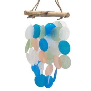Handmade blue and pearl driftwood chime with Capiz glass for a calming ambiance.