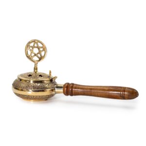 Brass censer incense burner with wooden handle and pentagram detail.