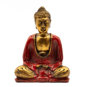 Medium red and gold Buddha statue for home decor and mindfulness.
