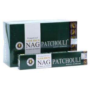 Golden Nag Patchouli incense sticks in a decorative packaging.