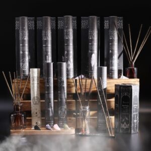 Pyramid-shaped display box containing five incense sticks with ancient witch scents.