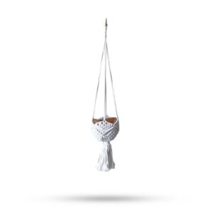 Natural macrame pot holder designed for stylish indoor plant display.