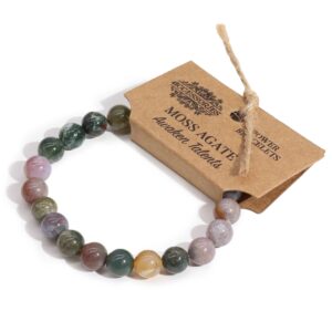 Moss Agate Power Bracelet displayed elegantly on a soft surface.