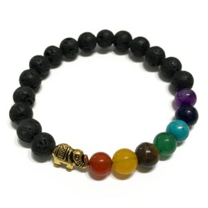 Lava stone bracelet featuring elephant design and colourful gemstones.