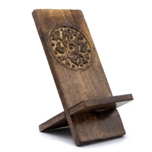 Wooden carved phone stand featuring a mandala design, made from eco-friendly mango wood.