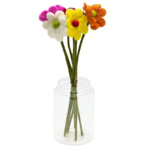 Assorted felt daisies in vibrant colours for home decor and crafts.