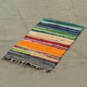 Colourful small rag rug in rainbow hues, perfect for home decor.