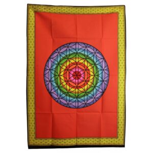 Rainbow Flower of Life wall art on a bold red background.