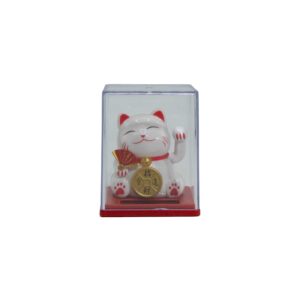 Mini solar powered money cat in a clear display box, charming home decor piece.