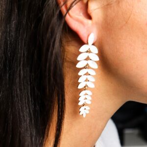 Elegant long drop earrings made from stainless steel and vintage glass.