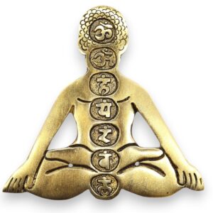 Gold aluminium incense holder featuring seven chakra designs for yoga and meditation.