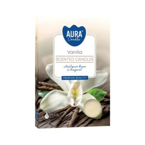 Set of six vanilla scented tealights in decorative packaging.
