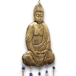 Large Buddha chime with five brass bells and colourful beads for home decor.